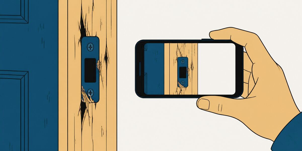 Un chambranle de porte éclaté au niveau de la gâche, photographié avec un téléphone