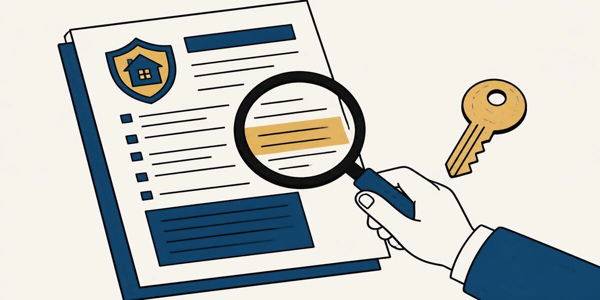 Une loupe posée sur une clause d'un contrat d'assurance, une clé à côté
