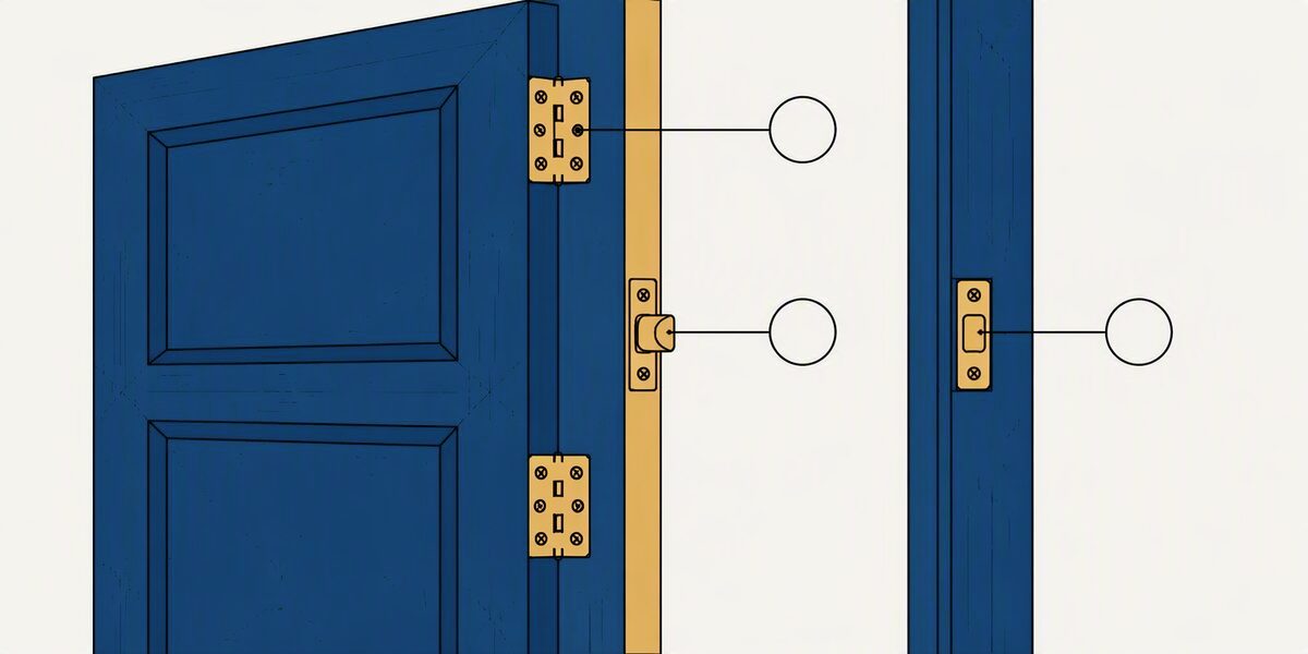 Une porte vue de profil, ses paumelles, sa gâche et son dormant entourés d'un cercle