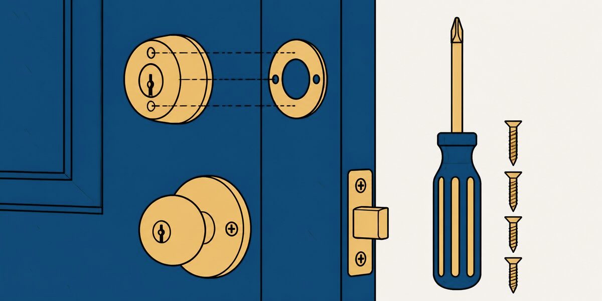 Pose d'un verrou supplémentaire sur une porte, tournevis et vis posés à côté