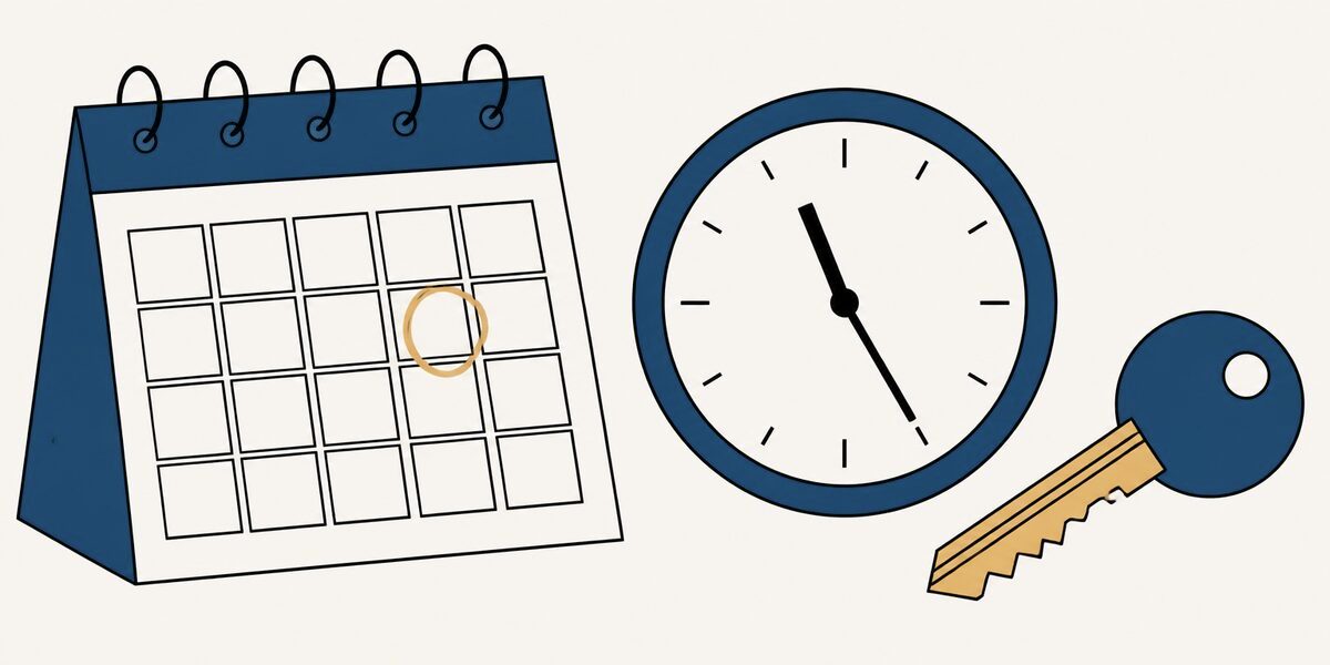 Un calendrier avec une case entourée, une horloge marquant une heure tardive, une clé