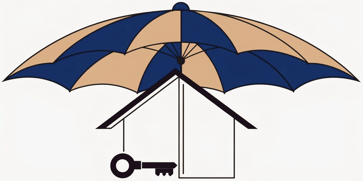 Maison stylisée abritée sous un grand parapluie ouvert, une clé posée à son pied