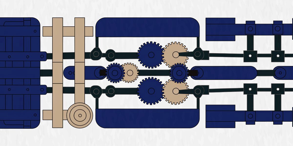Mécanisme interne d'une serrure multipoints à plat : boîtier central, tringles et roues dentées