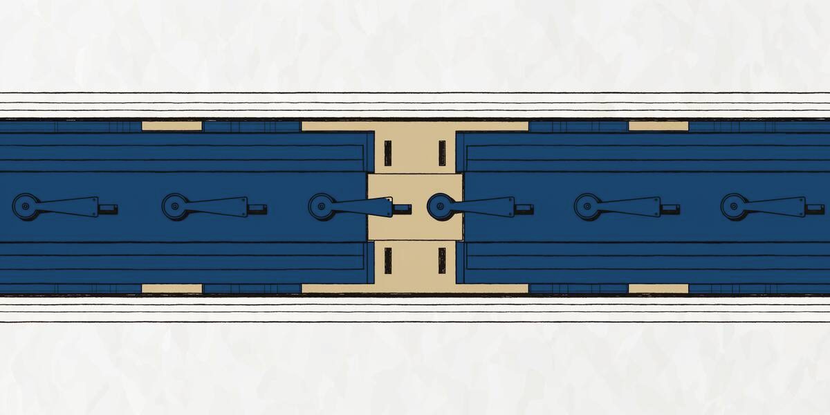 Porte couchée à l'horizontale montrant cinq points de fermeture engagés dans le dormant