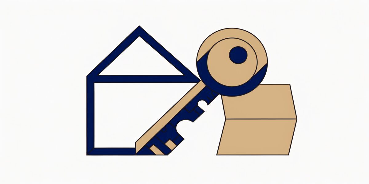 Une maison stylisée, une clé et un document plié, disposés en composition symbolique