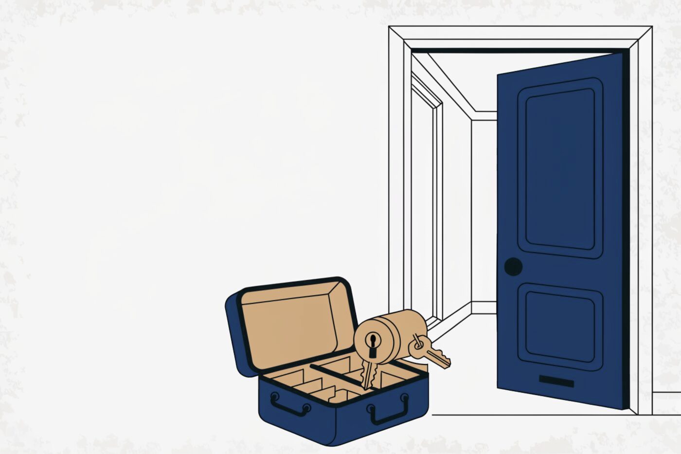 Porte d'entrée ouverte sur un couloir clair, mallette d'outils posée au sol avec un cylindre neuf et ses clés